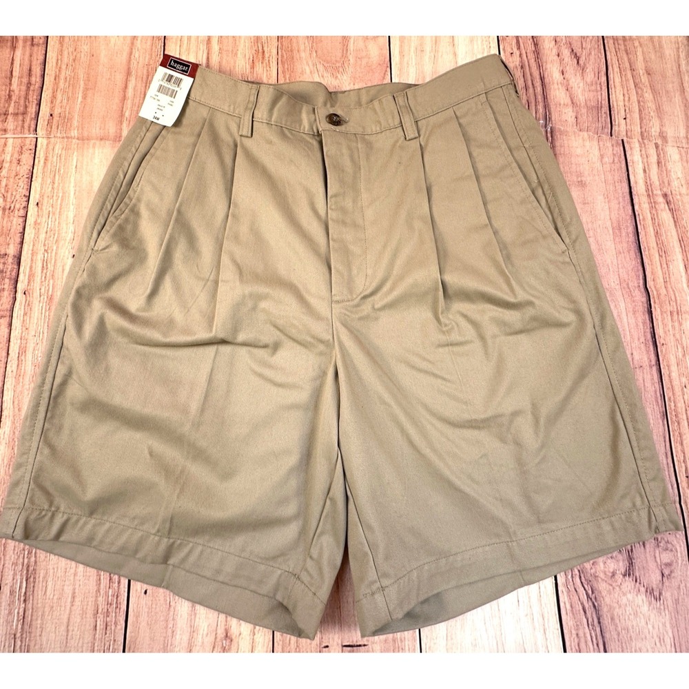 NEW Haggar EZ's Pleated Men Chino Shorts Khaki Beige Tan 34W x 8L NWT